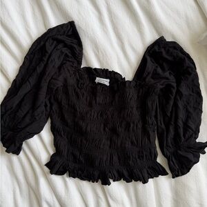 Urban Outfitters Black Smocked Puff-Sleeve Blouse